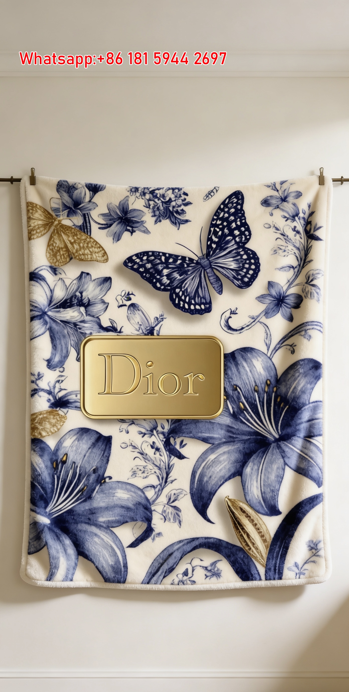Dior Blue Floral Butterfly Flannel Throw Blanket D189